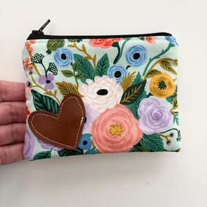 Rifle Paper Co. Floral Zipper Pouch with leather heart, 4x5 inches