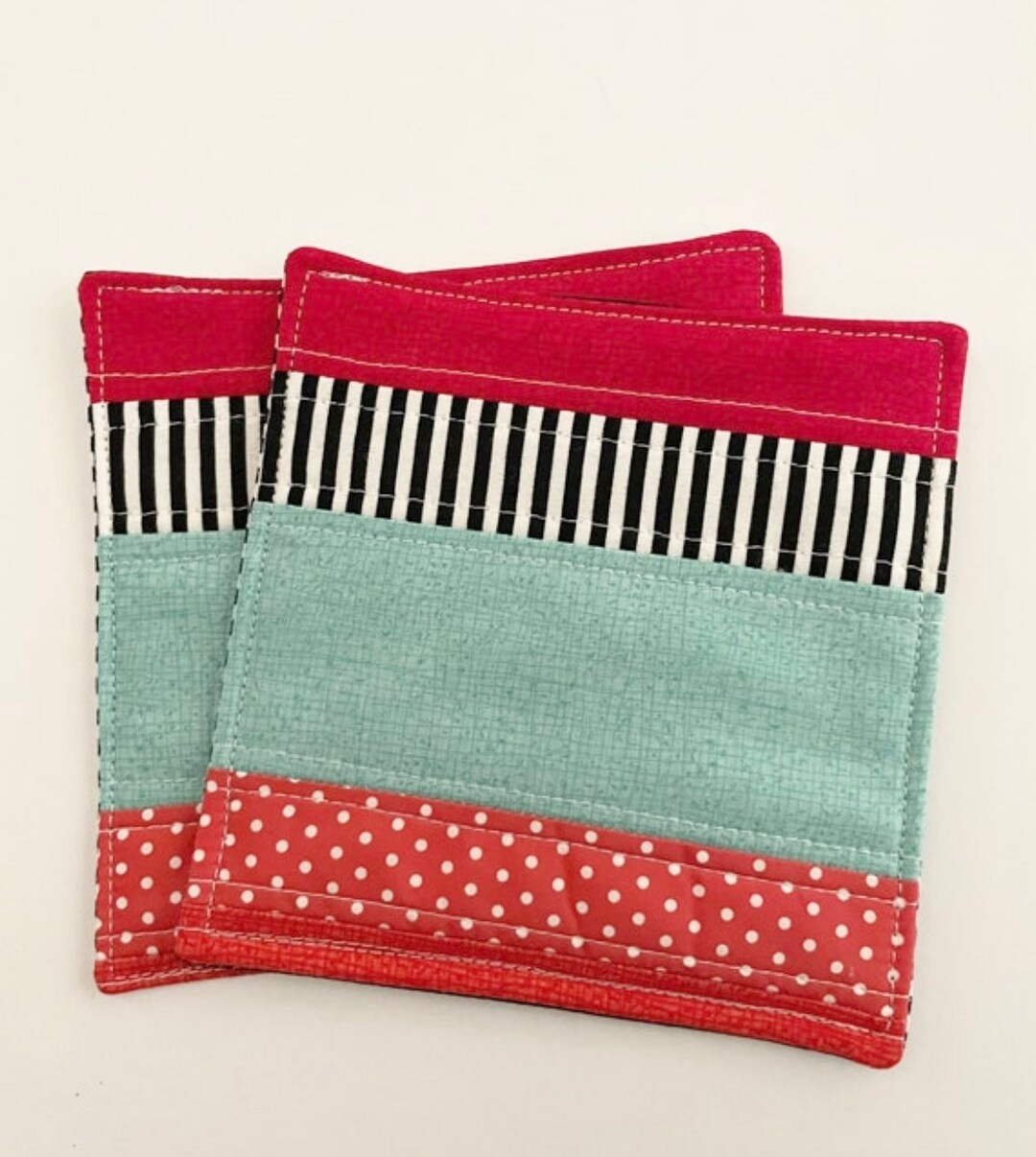 SET of Two Scrappy Quilted Coasters. Quilted Coasters. Cute Etsy