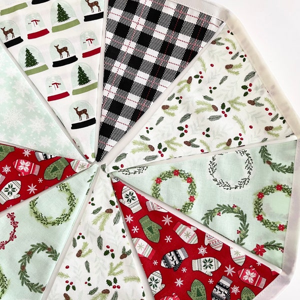 Christmas Fabric Banner. Christmas Tree Fabric Banner. Red and Green Christmas Bunting Banner with Trees. Christmas Fabric Pennants