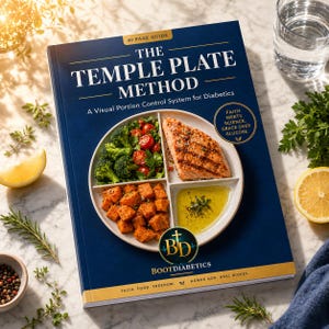 Könnte beinhalten: Ein marineblaues Buch mit dem Titel "The Temple Plate Method" mit einem visuellen Portionskontrollsystem für Diabetiker. Das Buch zeigt einen Teller mit Lachs, Gemüse und Süßkartoffeln. Das Cover enthält den Text "Faith Meets Science. Grace Over Glucose."