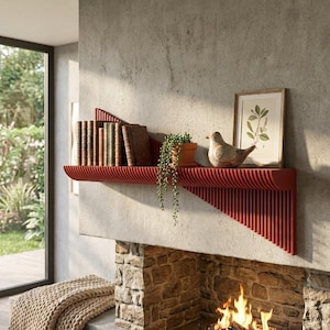 May include: A red, modern wall shelf with a ribbed design, holding books, a framed botanical print, a small bird figurine, and a potted plant. The shelf is mounted above a brick fireplace with a burning fire.