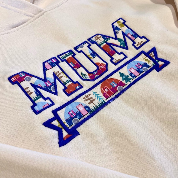 Mum Hoodie – Caravan Print Appliqué – Campervan Lover Gift – Women's Apparel