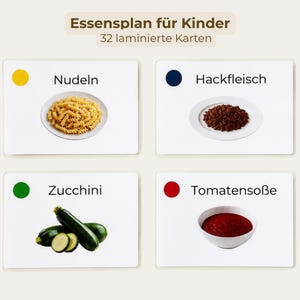 Könnte beinhalten: Ein Set aus 32 laminierten Karten mit der Aufschrift Essensplan für Kinder. Jede weiße Karte zeigt einen farbigen Punkt, ein Lebensmittelbild und eine Beschriftung: Nudeln, Hackfleisch, Zucchini und Tomatensoße in einer Schale.