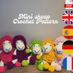 May include: A collection of five plush sheep toys made with textured yarn in pink, purple, lime green, yellow, and light pink. Each sheep has a white face, black embroidered eyes and mouth, and matching colored hooves. Text reads Mini sheep Crochet Pattern.