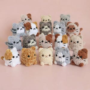 Può includere: Una collezione di piccole statuette di gatti all'uncinetto fatte a mano in vari colori, tra cui bianco, grigio, marrone e beige. Ogni gatto ha tratti del viso ricamati e un aspetto strutturato e peluche. I gatti sono disposti su una superficie rosa.
