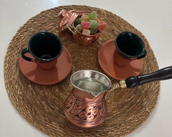Juego de cafetera turca de cobre hecha a mano, Cezve tradicional de cobre grabado, juego de regalo de café único, vajilla de cobre hecha a mano