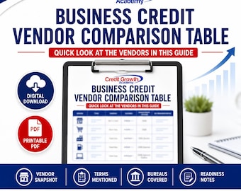 May include: A digital document titled Business Credit Vendor Comparison Table by Credit Growth Academy. The document features a table with vendor information, icons for digital download and printable PDF, and sections for vendor snapshot and notes.