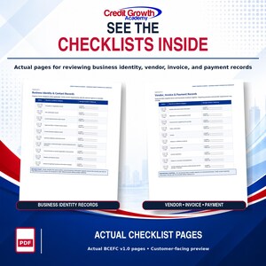 Two actual BCEFC v1.0 checklist pages for business identity records and vendor, invoice, and payment records.