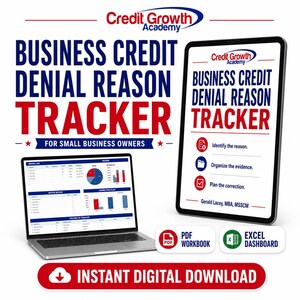 Puede incluir: Un rastreador digital de motivos de denegación de crédito empresarial para pequeños negocios, con un portátil que muestra un panel de datos y una tableta con una guía de Gerald Lacey, MBA, MSSCM. Incluye libro de trabajo PDF y Excel.