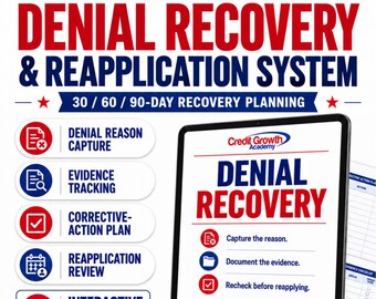 May include: A digital educational planning tool titled Business Funding Denial Recovery & Reapplication System. It features a tablet displaying Denial Recovery steps, a 30/60/90-day plan, and a checklist for tracking, correcting, and rechecking.