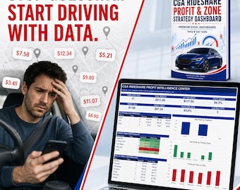 May include: A digital dashboard display titled CGA Rideshare Profit Intelligence Center showing trip data, revenue, and profit metrics on a laptop screen, accompanied by a book titled CGA Rideshare Profit & Zone Strategy Dashboard.