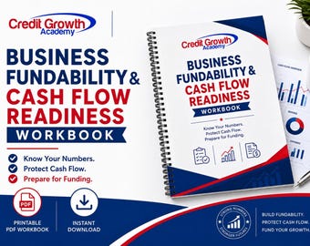 May include: A spiral-bound workbook titled Business Fundability & Cash Flow Readiness. The cover features the Credit Growth Academy logo, blue and red text, and icons including a checklist, a rising graph, and a dollar sign document.
