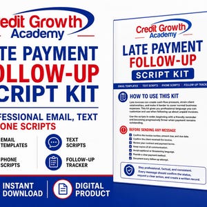 Puede incluir: Una caja de producto digital para el kit de guiones de seguimiento de pagos atrasados de Credit Growth Academy. La caja blanca presenta texto en azul y rojo, incluyendo plantillas de correo, mensajes, guiones telefónicos y un rastreador de seguimiento.