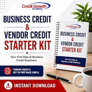 Puede incluir: Imagen promocional de Credit Growth Academy. Presenta un cuaderno de espiral y un gráfico con el texto "BUSINESS CREDIT & VENDOR CREDIT STARTER KIT". También se ven un bolígrafo, una taza de café y una planta.