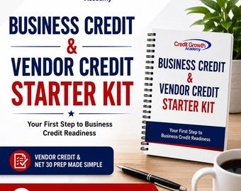 May include: A promotional image for the Credit Growth Academy. The image features a spiral-bound notebook and a graphic with the text "BUSINESS CREDIT & VENDOR CREDIT STARTER KIT". A pen, a coffee mug, and a plant are also visible.