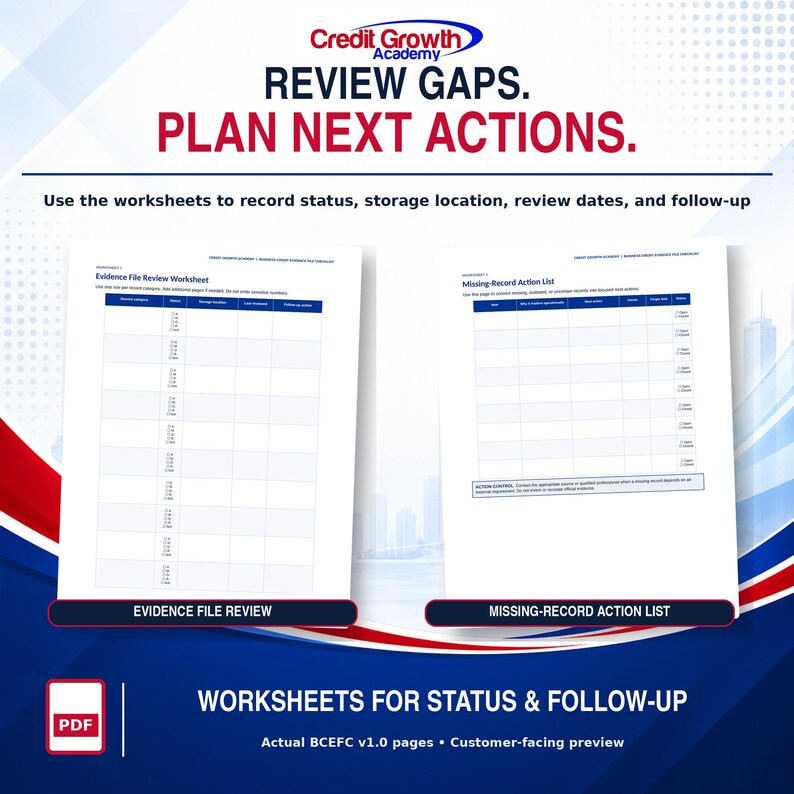 Two actual BCEFC v1.0 worksheets for evidence-file review and missing-record follow-up actions.