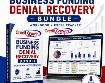 May include: A Business Funding Denial Recovery Bundle featuring a workbook and an Excel tracker. The workbook cover displays the Credit Growth Academy logo, text, and three icons. A laptop screen shows a Funding Denial Recovery Tracker spreadsheet.