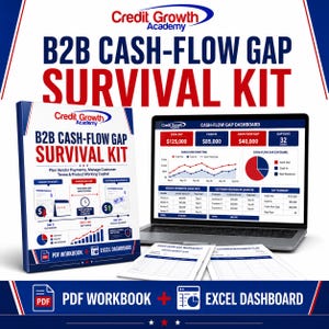 Puede incluir: Un kit de supervivencia B2B Cash-Flow Gap que incluye un libro de trabajo impreso, una computadora portátil con un panel de control de flujo de caja con gráficos y tablas, y dos hojas de trabajo impresas. La marca Credit Growth Academy es visible.