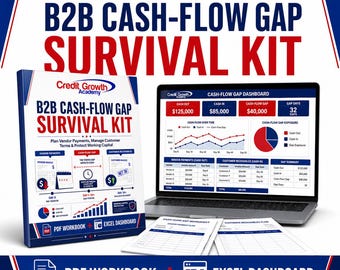 May include: A B2B Cash-Flow Gap Survival Kit featuring a printed workbook, a laptop displaying a cash-flow gap dashboard with charts and tables, and two additional printed worksheets. The branding Credit Growth Academy is visible throughout.