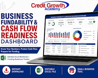 Business Fundability Cash Flow Dashboard Excel | Small Business Funding Readiness Tracker | Debt Payment Planner | KPI Workbook