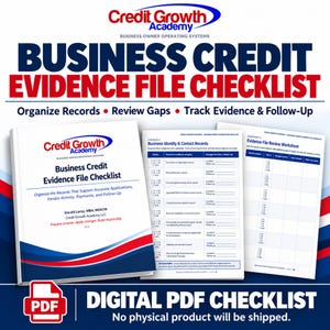 CGA Business Credit Evidence File Checklist primary image with workbook mockup, two interior pages, PDF badge, and digital-download notice.