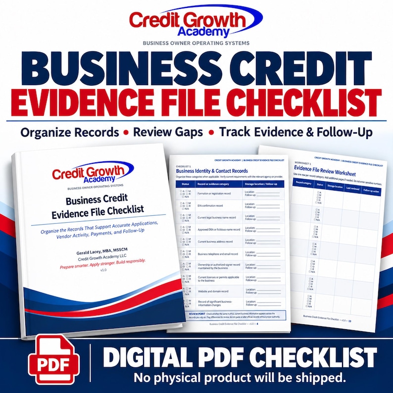 CGA Business Credit Evidence File Checklist primary image with workbook mockup, two interior pages, PDF badge, and digital-download notice.