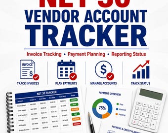 May include: A business finance graphic with the text "NET 30 VENDOR ACCOUNT TRACKER." The image includes a notebook with invoice details, a pie chart, a calculator, and icons for invoice tracking, payment planning, and reporting status. The Credit Growth Academy logo is at the top.