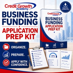 Puede incluir: Un kit de preparación para solicitudes de financiación empresarial en descarga digital de Credit Growth Academy. Incluye una caja, una lista de verificación en un portapapeles con un bolígrafo azul y documentos con gráficos financieros.