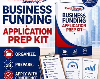 May include: A digital download Business Funding Application Prep Kit from Credit Growth Academy. The kit includes a box, an application checklist on a clipboard with a blue pen, and documents showing funding readiness and financial overview charts.