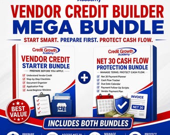 Vendor Credit Builder Mega Bundle, Net 30 Cash Flow Bundle, Vendor Credit Starter Bundle, Business Credit Planner PDFs