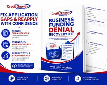May include: A white and blue Business Funding Denial Recovery Kit workbook by Credit Growth Academy. The cover features the title, author Gerald Lacey, and graphics of a folder and checklist. Included are pages for understanding denials, fixing gaps, and reapplying.