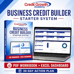 May include: A Credit Growth Academy Business Credit Builder Starter System featuring a blue and white workbook cover and a laptop displaying a business credit dashboard. The text includes 30-Day Action Plan, Vendor Tracker, and Payment Calendar.