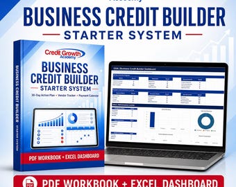 May include: A Credit Growth Academy Business Credit Builder Starter System featuring a blue and white workbook cover and a laptop displaying a business credit dashboard. The text includes 30-Day Action Plan, Vendor Tracker, and Payment Calendar.