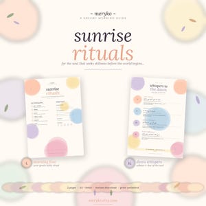 May include: A dreamy morning guide titled "sunrise rituals" with text and watercolor-style pastel circles. The guide includes two pages, one for a morning flow and the other for dawn whispers. The guide is available for instant download.