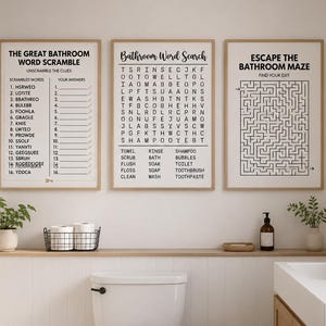 Set di 3 stampe per il bagno: anagrammi, labirinto, ricerca di parole (download digitale)