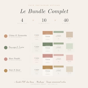 Peut inclure: Un pack Instagram artisanal, 'Le Bundle Complet', avec 4 palettes, 10 modèles et 40 visuels. Le design comprend du texte en français, des échantillons de couleurs et des exemples de mise en page. Guide PDF, maquettes et usage commercial inclus.