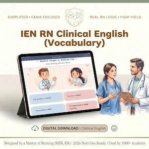 以下が含まれることがあります： 「IEN RN Clinical English (Vocabulary)」と題された、医療用語を表示するタブレットのデジタルイラスト。医療専門用語と日常会話を比較しており、背景には2人の医療専門家がいます。「DIGITAL DOWNLOAD | Clinical English」の文字も表示されています。