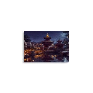 Póster de arte nocturno de Pashupatinath / Lámina del templo de Nepal / Arte mural de la escena del río Katmandú / Póster nocturno del Himalaya / Lámina de decoración espiritual para el hogar