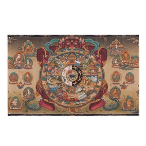 Buddhistische Wandfahne | Rad des Lebens Thangka Wandteppich | Bhavachakra Große Wandkunst | Tibetische Heilige Flagge | Meditationsraum Dekor | Nepal-Kunst