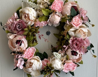 Vintage French chic pink peony and rose front door wreath