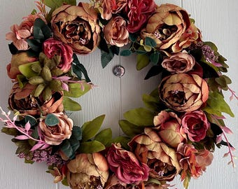 Corona de peonías, hortensias y rosas de otoño para la puerta principal / Decoración de lujo para la puerta en otoño / Decoración de cosecha para el hogar