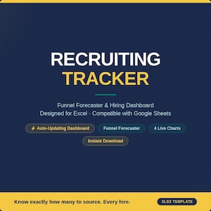 May include: A digital graphic with the words "RECRUITING TRACKER" in white and yellow. The graphic includes the text "Funnel Forecaster & Hiring Dashboard" and buttons for "Auto-Updating Dashboard," "Funnel Forecaster," and "4 Live Charts."