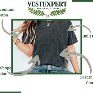 May include: A dark gray V-neck t-shirt made of soft premium cotton. The shirt is described as breathable, comfy, and built to last, holding its shape and color. The brand name "VESTEXPERT TAILOR-MADE ELEGANCE" is displayed at the top.
