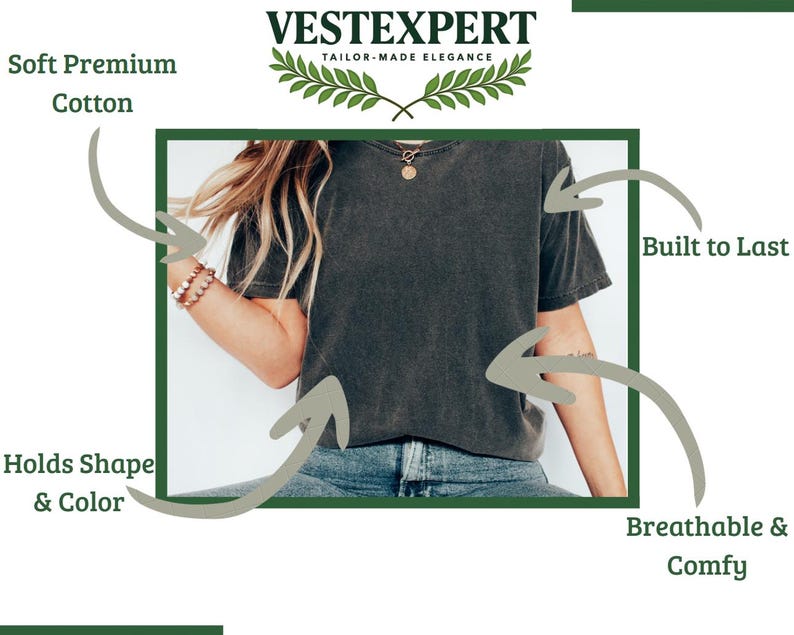 May include: A dark gray V-neck t-shirt made of soft premium cotton. The shirt is described as breathable, comfy, and built to last, holding its shape and color. The brand name "VESTEXPERT TAILOR-MADE ELEGANCE" is displayed at the top.