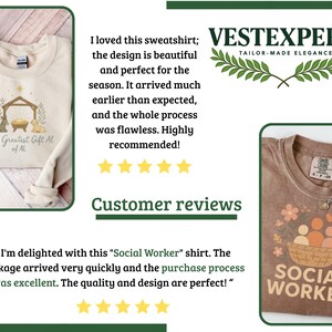 May include: Two t-shirts and a sweatshirt are displayed. One is a tan sweatshirt with a nativity scene graphic and the text "The Greatest Gift of Al". The other is a brown t-shirt with a "Social Worker" graphic. Customer reviews are also shown.