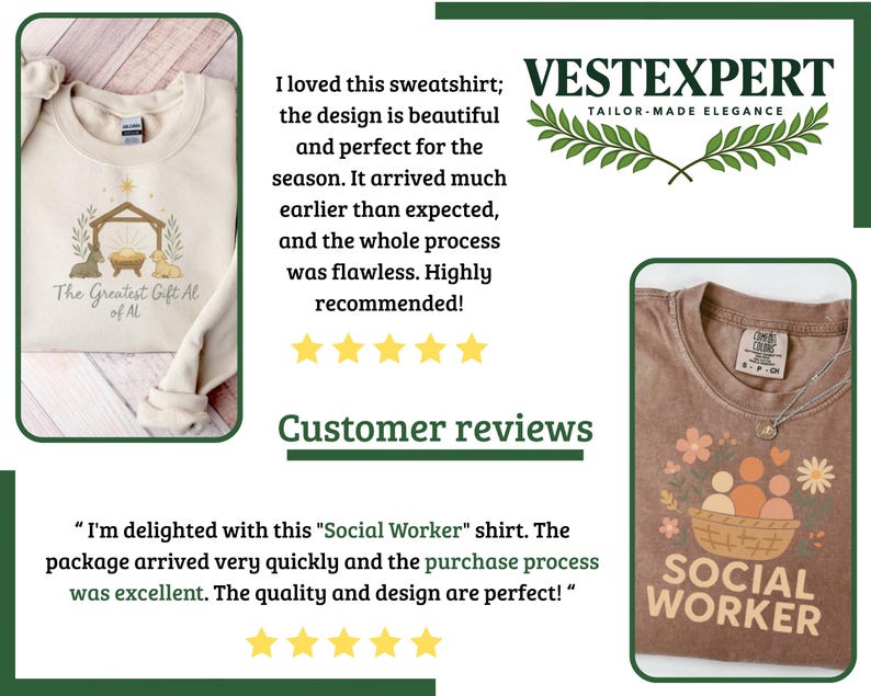 May include: Two t-shirts and a sweatshirt are displayed. One is a tan sweatshirt with a nativity scene graphic and the text "The Greatest Gift of Al". The other is a brown t-shirt with a "Social Worker" graphic. Customer reviews are also shown.