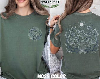 Komfort Farben Meeresschildkröte Shirt, Küstenstrand T-Shirt, vorne und hinten Ozean Grafik, Sommerferien Shirt, Schildkröte Geschenk für Frauen T-Shirt