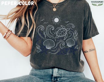Komfortfarben Küstenschildkröte Shirt, Muschel Strand T-Shirt, Ozeanwelle Grafik Shirt, Sommer Frauen T-Shirt, Strand Liebhaber Geschenk für sie, süßes T-Shirt