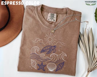 Komfortfarben Ozeanwelle Shirt, Meeresschildkröte Strand T-Shirt, Küstensommer Grafik, Strand Urlaub Shirt, Schildkröte Geschenk für Frauen, süßes T-Shirt