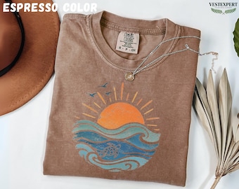 Komfort Farben Meeresschildkröte Shirt, Strand Urlaub T-Shirt, Sommer Frauen Shirt, Meeresschildkröte Sonne Grafik T-Shirt, Küsten Geschenk für sie, süßes Ozean T-Shirt